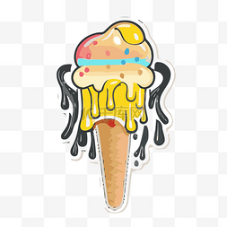 可爱的冰淇淋甜筒贴纸与彩色细雨