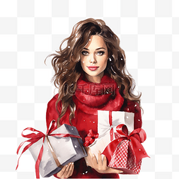 棕色头发的女人图片_喜庆的黑发女人拿着圣诞礼物和购