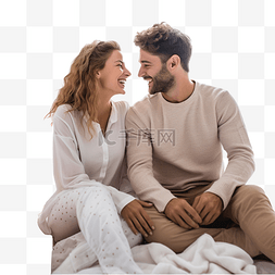 家中浪漫图片_幸福的情侣坐在床上，在舒适的家