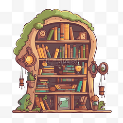 书柜剪贴画卡通插图一棵树和书架