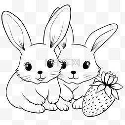 黑白着色的兔子和草莓矢量