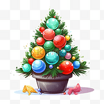 卡通风格的冷杉与玩具圣诞树在盆中装饰堆球冰柱和花环