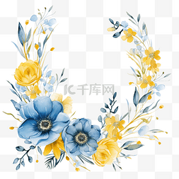 水彩蓝色绣球花图片_水彩花卉蓝色和黄色框架剪纸