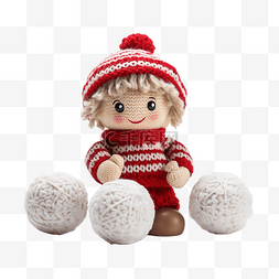 布娃娃素材图片_穿着圣诞针织毛衣玩雪球的可爱布