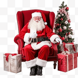 坐凳子男图片_正宗的圣诞老人，带着礼盒，坐在
