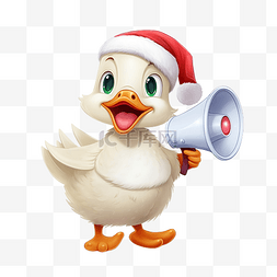 可爱的鹅穿着圣诞服装拿着扩音器