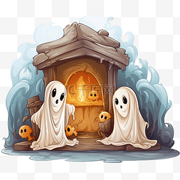 万圣节场景插图中带有坟墓的鬼魂