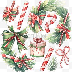 圣诞冬青边框与拐杖糖和礼物水彩