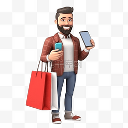 卡通手拿手机的人图片_男人 3d 人物拿着带手机的购物袋