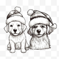 手绘可爱的小狗，戴着圣诞帽，线