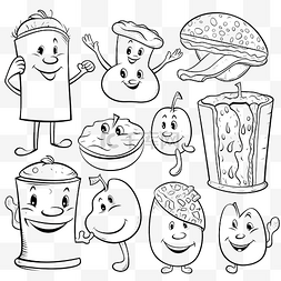 卡通食物对象人物设置着色书页