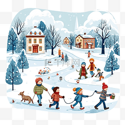 孩子玩耍矢量图片_下雪天冬天圣诞节风景孩子们在冬