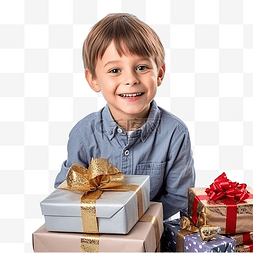圣诞节小男孩与圣诞装饰摆件和礼