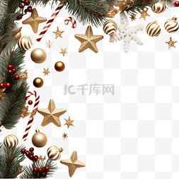 边框丝带金色图片_圣诞边框，树枝上有金球