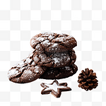 灰色木质上的巧克力饼干和圣诞装饰