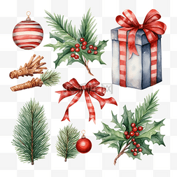 礼品设置图片_节日圣诞节设置水彩插图与圣诞元