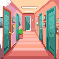 中小学走廊图片_走廊剪贴画卡通 卡通走廊与门和
