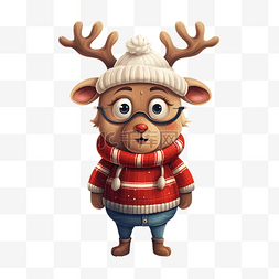 可爱的驯鹿穿着丑陋的圣诞毛衣卡
