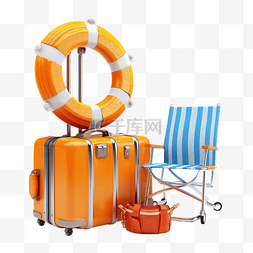 渲染海边图片_夏季旅行与手提箱伞救生圈沙滩椅