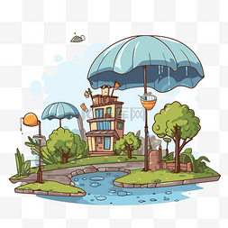 户外剪贴画卡通雨伞和一个有房子