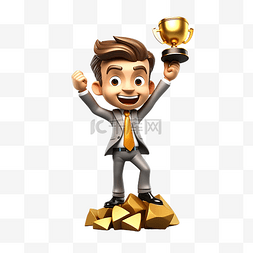3d造型图片_商人在岩石顶上拿着金色奖杯 3D 
