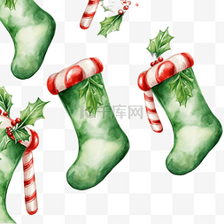 手绘手杖糖图片_圣诞冬青绿色图案，配有精灵袜和