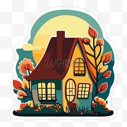 卡通房子秋天图片_明亮的秋天主题贴纸描绘了公园里