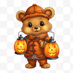 卡通恐怖熊图片_可爱万圣节提着灯笼的南瓜头熊插
