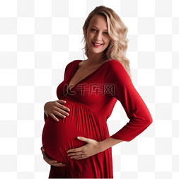 穿着红色浴袍的快乐怀孕金发女郎