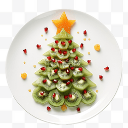圣诞树食物图片_白盘上的猕猴桃圣诞树，上面有石