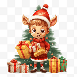 小鹿和孩子图片_穿着鹿服装礼盒和装饰圣诞树的快
