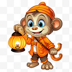 吉祥物猴图片_可爱万圣节提着灯笼的南瓜头猴子