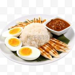 一盘米饭和鸡蛋沙爹