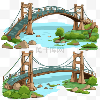 桥梁剪贴画 两座卡通桥铺设在河边，有灌木丛 向量