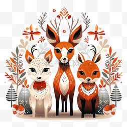 圣诞快乐庆祝派对狐狸驯鹿和兔子