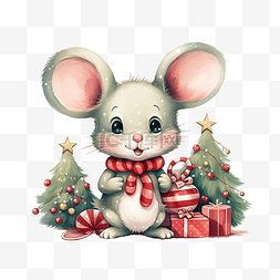 可爱的卡通圣诞老鼠，带圣诞树和