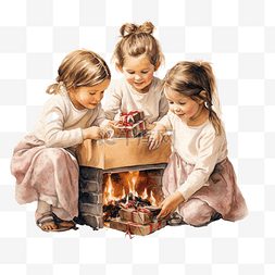 快乐的三个小姐妹在壁炉旁打开神