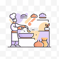 动物搞笑高清图图片_厨师在炉子上做饭的线条插图 向