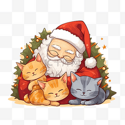 卡通可爱圣诞圣诞老人和猫睡觉矢