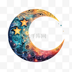 看天上的云图片_ai生成多彩月亮和星星插画