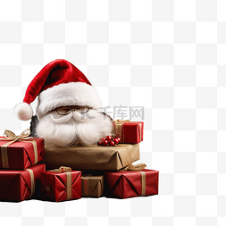 红松果图片_深色木板上的圣诞帽和礼品盒，带