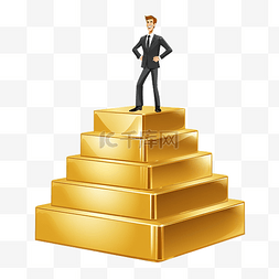 商人站在装满黄金的保险箱上的插