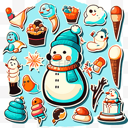 蓝色背景剪贴画上带有雪人和冰淇