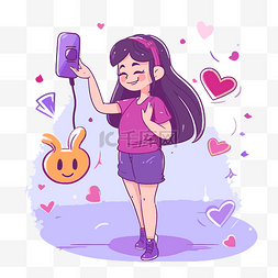 手机抖音图片_tiktok剪贴画可爱的女孩使用紫色手