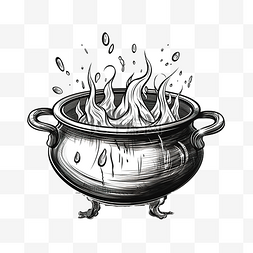 素描锅图片_冒泡药水的大锅素描女巫在金属锅