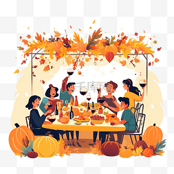 家庭聚会卡通图片_后院派对上感恩节快乐餐桌的插图