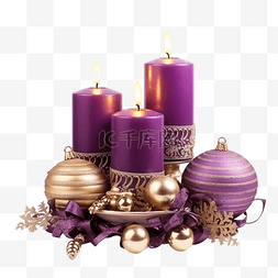 圣诞组合物，配有蜡烛和紫色和金