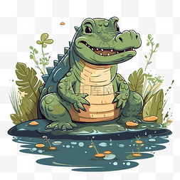 鱷魚图片_鳄鱼剪贴画卡通插图鳄鱼坐在大水
