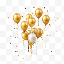 生日氣球派對图片_节日金色气球与飘带和五彩纸屑