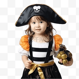 卡通化妆小女孩图片_可爱的小女孩庆祝万圣节穿海盗服